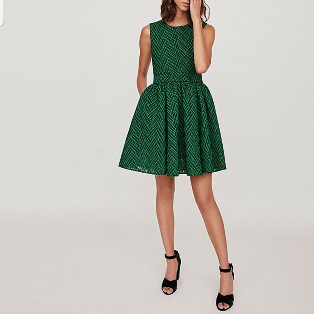 Maje Green Black Fit Flared Embroidered lace Cocktail Party dress